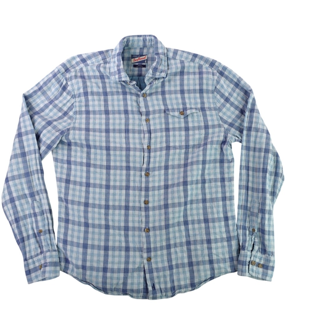 johnnie-O Surflannel Shirt Mens Medium Blue White Gingham Plaid Long Sleeve